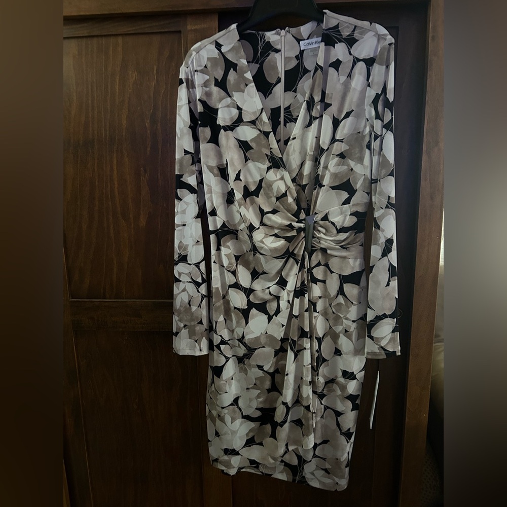 Calvin Klein Black and Cream Long Sleeve Dress